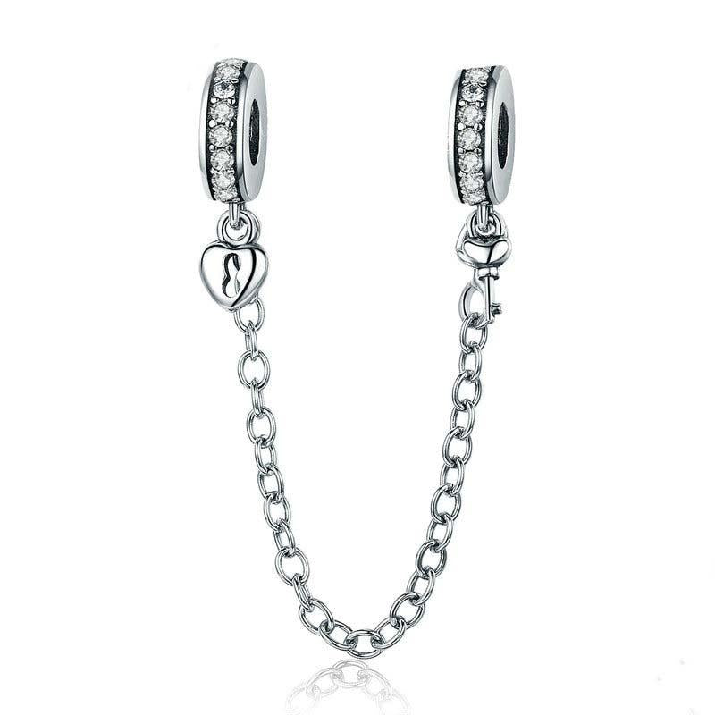 Lock Key Heart Sterling Silver Zircon CZ Bead Charm Safety Chain Bracelet