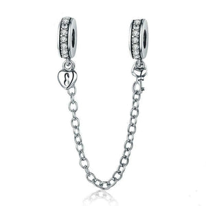 Lock Key Heart Sterling Silver Zircon CZ Bead Charm Safety Chain Bracelet