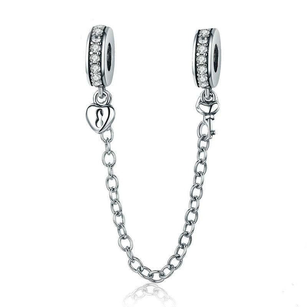 Lock Key Heart Sterling Silver Zircon CZ Bead Charm Safety Chain Bracelet