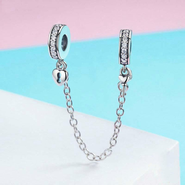 Lock Key Heart Sterling Silver Zircon CZ Bead Charm Safety Chain Bracelet
