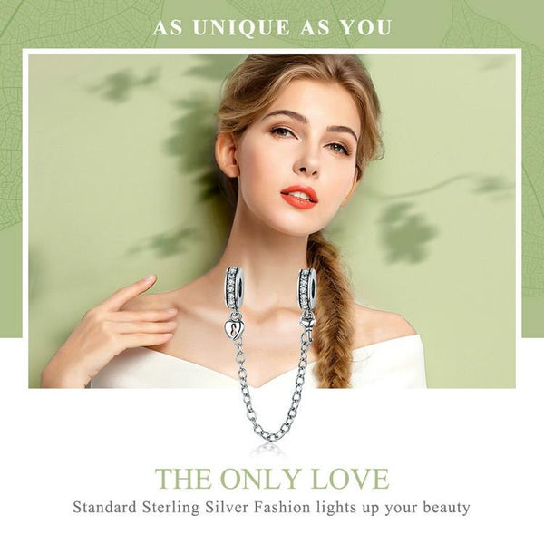 Lock Key Heart Sterling Silver Zircon CZ Bead Charm Safety Chain Bracelet