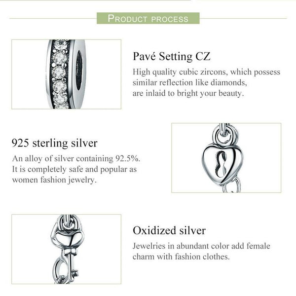 Lock Key Heart Sterling Silver Zircon CZ Bead Charm Safety Chain Bracelet