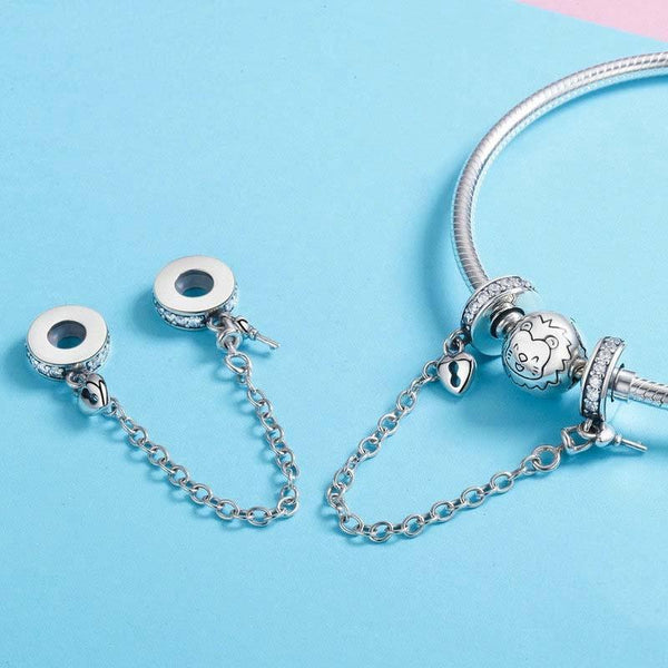 Lock Key Heart Sterling Silver Zircon CZ Bead Charm Safety Chain Bracelet