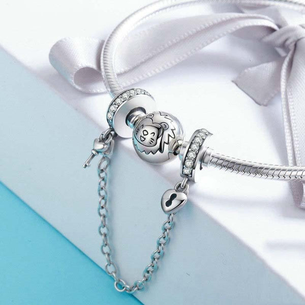Lock Key Heart Sterling Silver Zircon CZ Bead Charm Safety Chain Bracelet