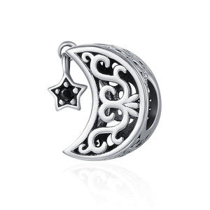Crescent Moon Star Sterling Silver CZ Bead Charm Bracelet Necklace Pendant