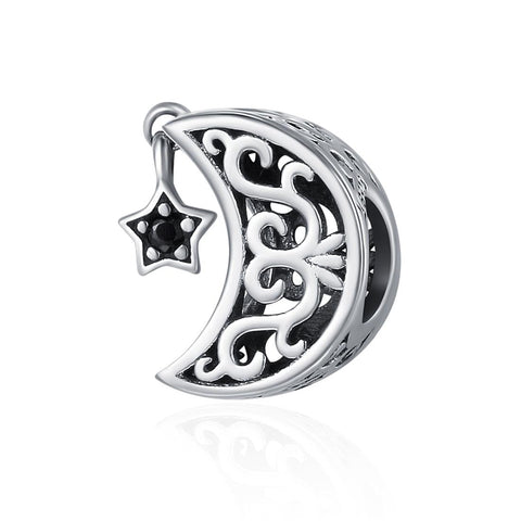 Crescent Moon Star Sterling Silver CZ Bead Charm Bracelet Necklace Pendant