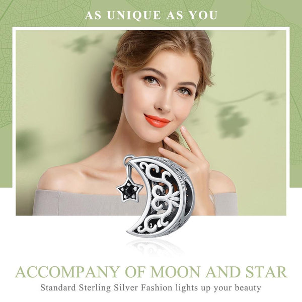 Crescent Moon Star Sterling Silver CZ Bead Charm Bracelet Necklace Pendant