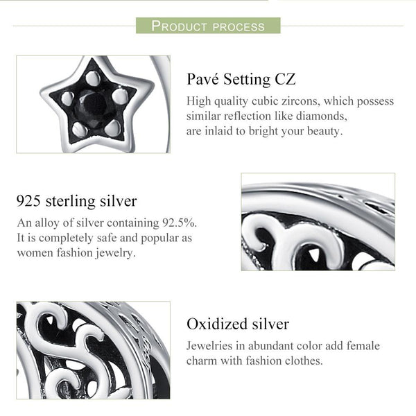 Crescent Moon Star Sterling Silver CZ Bead Charm Bracelet Necklace Pendant