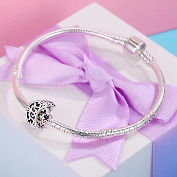 Crescent Moon Star Sterling Silver CZ Bead Charm Bracelet Necklace Pendant