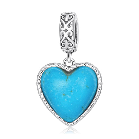 Turquoise Heart Sterling Silver Bead Charm Bracelet Necklace