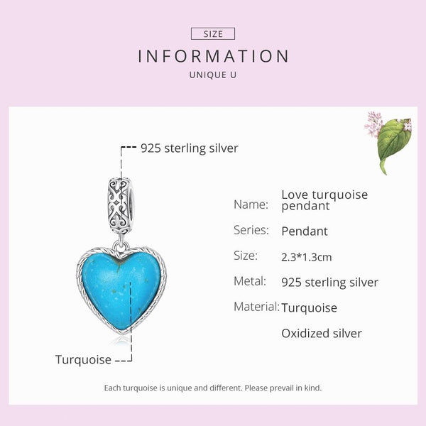 Turquoise Heart Sterling Silver Bead Charm Bracelet Necklace