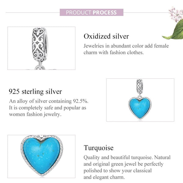Turquoise Heart Sterling Silver Bead Charm Bracelet Necklace