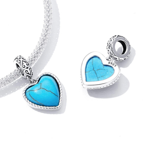 Turquoise Heart Sterling Silver Bead Charm Bracelet Necklace