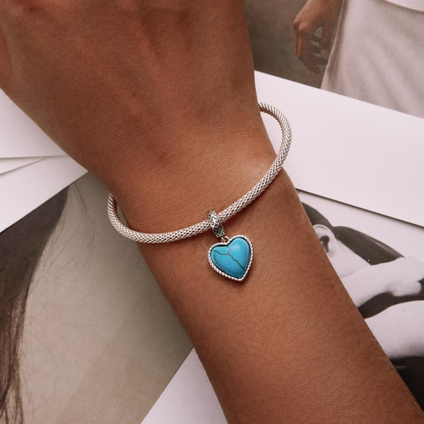 Turquoise Heart Sterling Silver Bead Charm Bracelet Necklace