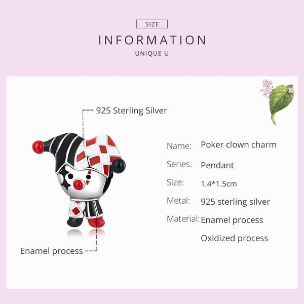 Poker Clown Jester Enamel Sterling Silver Bead Charm Bracelet Necklace