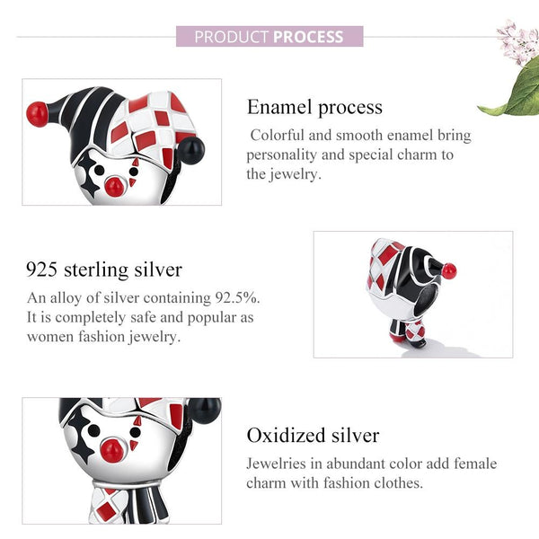 Poker Clown Jester Enamel Sterling Silver Bead Charm Bracelet Necklace