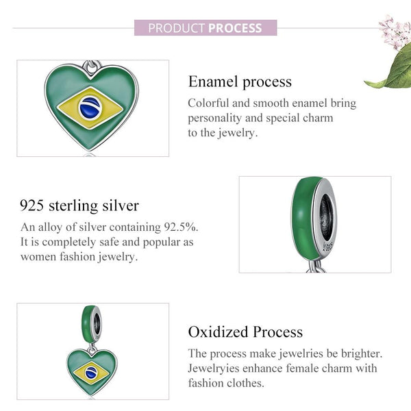 Brazilian Flag Enamel Sterling Silver Bead Charm Pendant Bracelet Necklace
