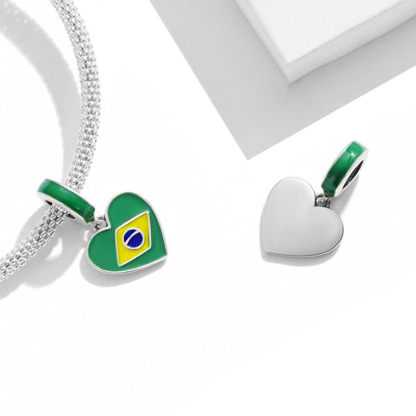 Brazilian Flag Enamel Sterling Silver Bead Charm Pendant Bracelet Necklace