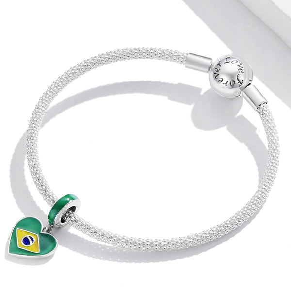 Brazilian Flag Enamel Sterling Silver Bead Charm Pendant Bracelet Necklace