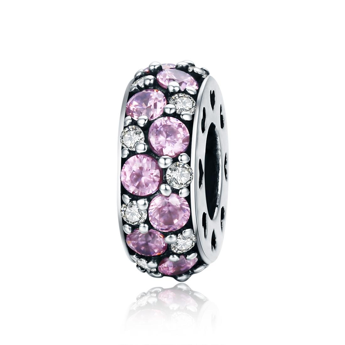 Pave Pink Clear Crystal Zircon CZ Sterling Silver Spacer Bead Charm Bracelet