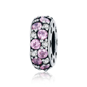 Pave Pink Clear Crystal Zircon CZ Sterling Silver Spacer Bead Charm Bracelet