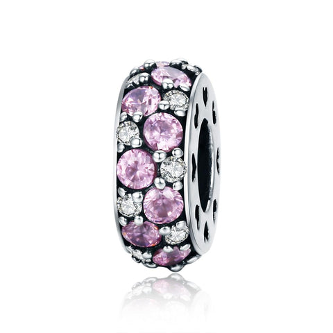 Pave Pink Clear Crystal Zircon CZ Sterling Silver Spacer Bead Charm Bracelet
