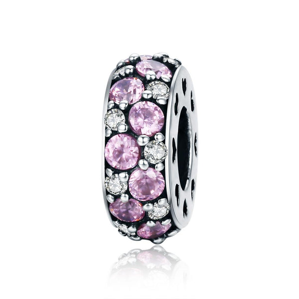 Pave Pink Clear Crystal Zircon CZ Sterling Silver Spacer Bead Charm Bracelet