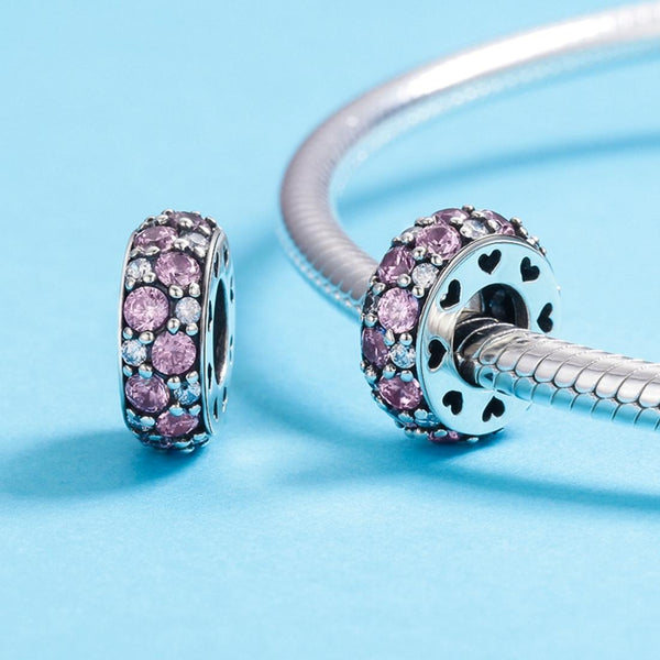 Pave Pink Clear Crystal Zircon CZ Sterling Silver Spacer Bead Charm Bracelet