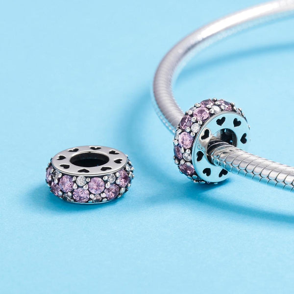 Pave Pink Clear Crystal Zircon CZ Sterling Silver Spacer Bead Charm Bracelet