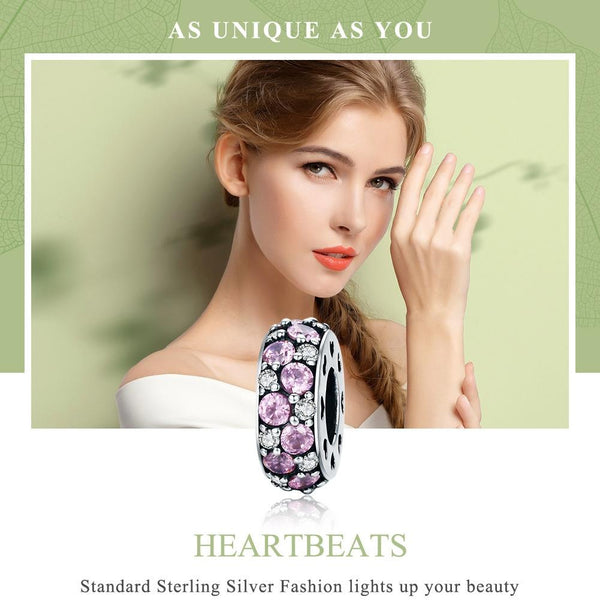 Pave Pink Clear Crystal Zircon CZ Sterling Silver Spacer Bead Charm Bracelet