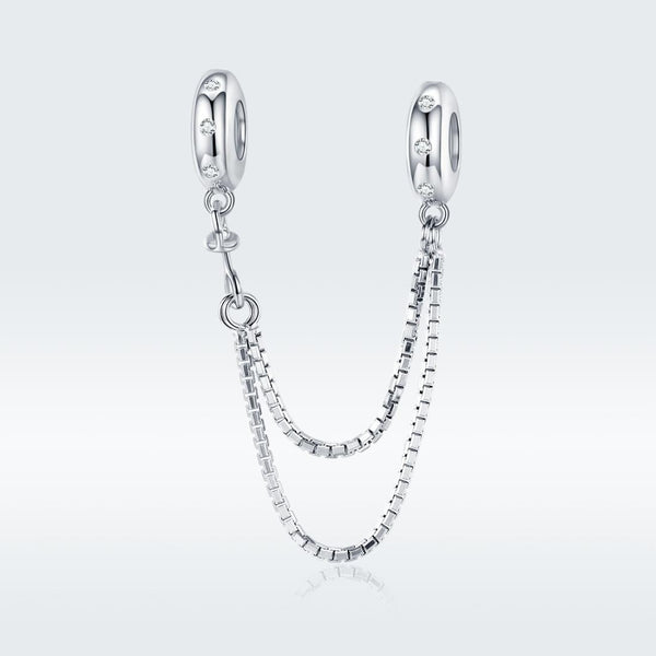Double String Platinum Plated Sterling Silver Zircon CZ Safety Chain For Bracelets