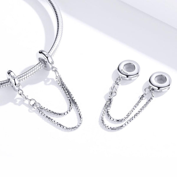 Double String Platinum Plated Sterling Silver Zircon CZ Safety Chain For Bracelets