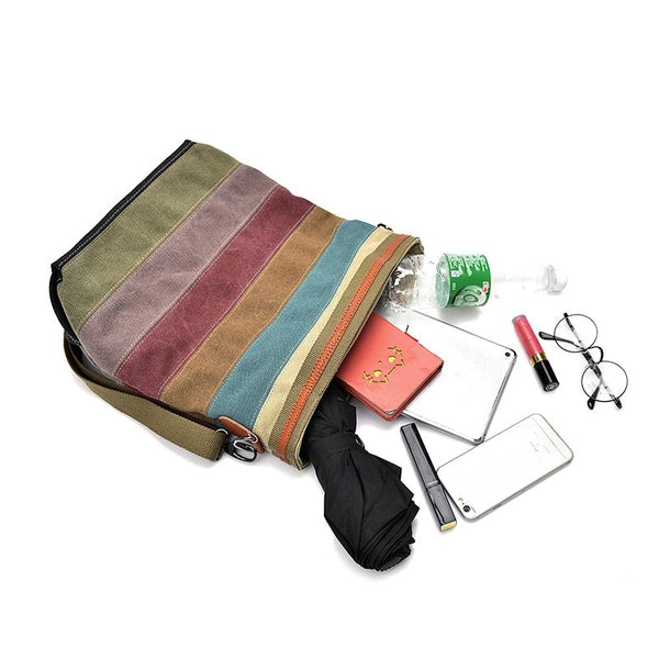 Striped Canvas Crossbody Shoulder Bag Multi Pocket Multicolour