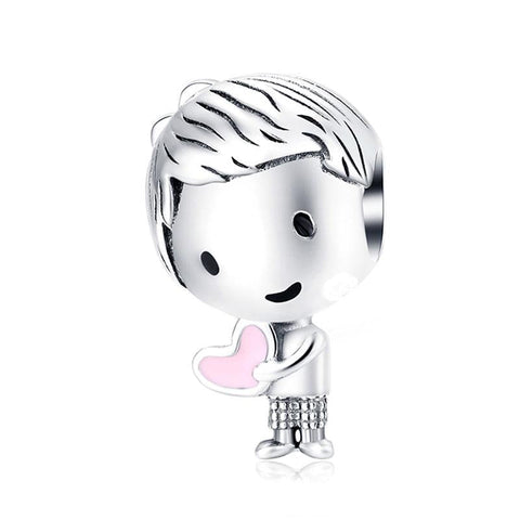 Boy Holding Heart Enamel Sterling Silver Bead Charm Bracelet Necklace