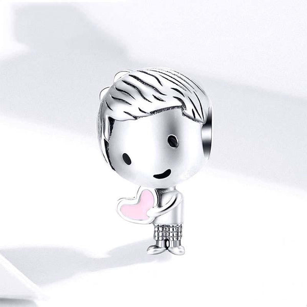 Boy Holding Heart Enamel Sterling Silver Bead Charm Bracelet Necklace