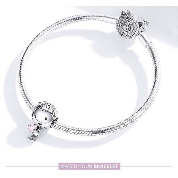 Boy Holding Heart Enamel Sterling Silver Bead Charm Bracelet Necklace
