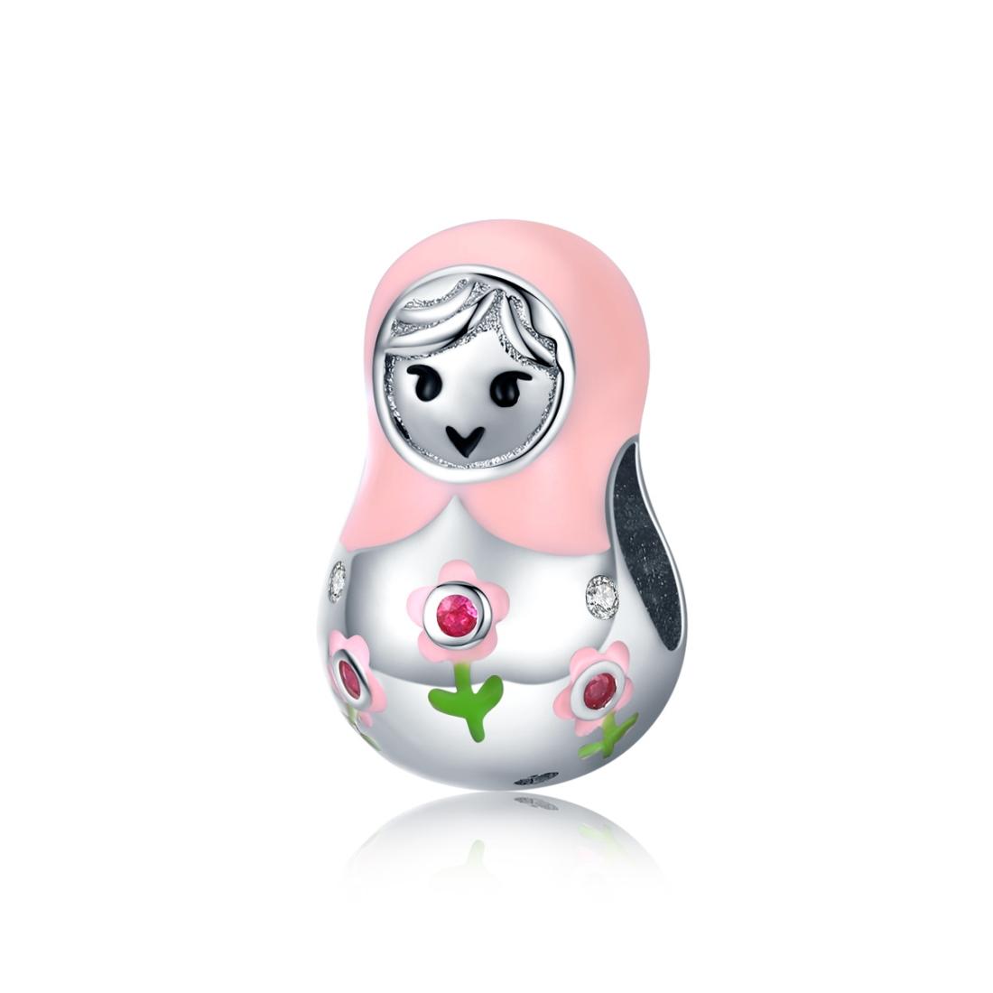 Russian Doll Enamel Sterling Silver CZ Bead Charm Bracelet Necklace Pendant