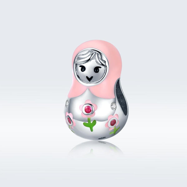 Russian Doll Enamel Sterling Silver CZ Bead Charm Bracelet Necklace Pendant