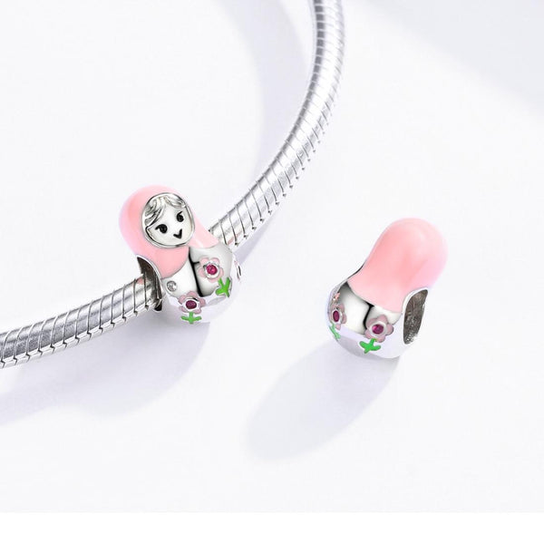 Russian Doll Enamel Sterling Silver CZ Bead Charm Bracelet Necklace Pendant