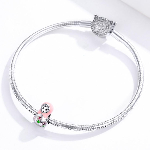 Russian Doll Enamel Sterling Silver CZ Bead Charm Bracelet Necklace Pendant