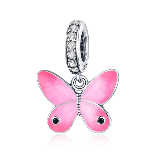 Pink BUtterfly Enamel Sterling Silver CZ Bead Charm Pendant Bracelet Necklace