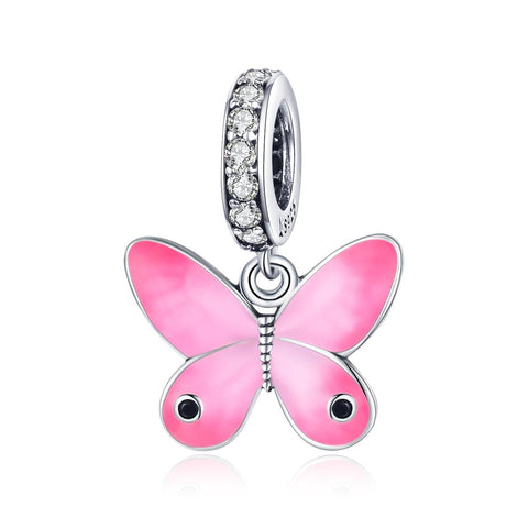 Pink BUtterfly Enamel Sterling Silver CZ Bead Charm Pendant Bracelet Necklace