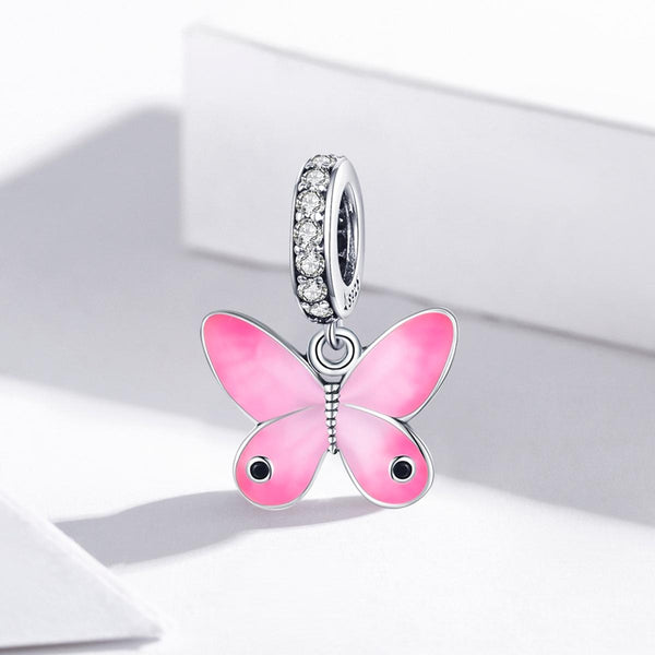 Pink BUtterfly Enamel Sterling Silver CZ Bead Charm Pendant Bracelet Necklace