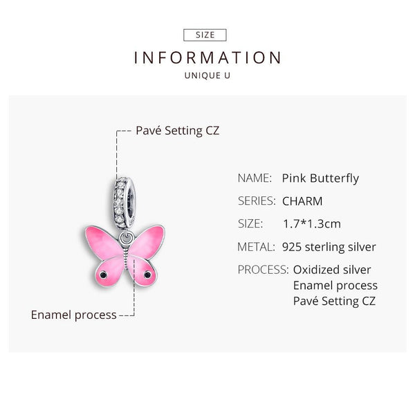 Pink BUtterfly Enamel Sterling Silver CZ Bead Charm Pendant Bracelet Necklace