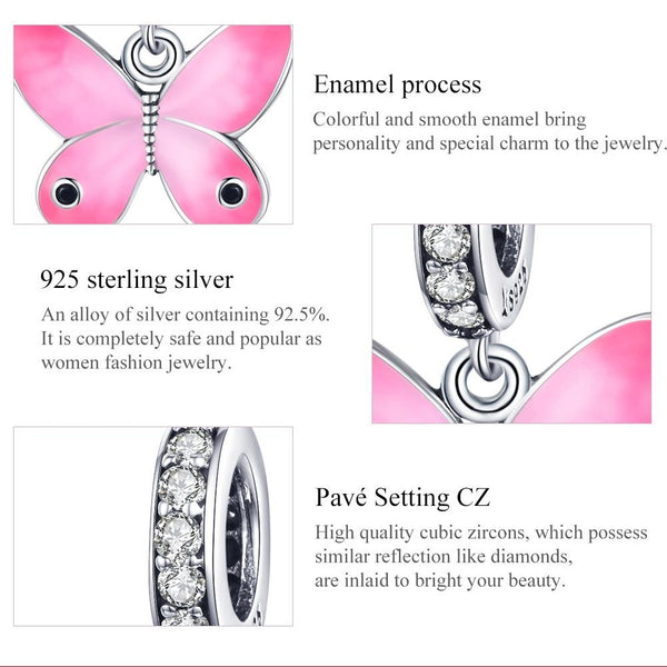 Pink BUtterfly Enamel Sterling Silver CZ Bead Charm Pendant Bracelet Necklace