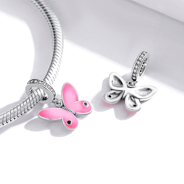 Pink BUtterfly Enamel Sterling Silver CZ Bead Charm Pendant Bracelet Necklace