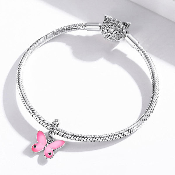 Pink BUtterfly Enamel Sterling Silver CZ Bead Charm Pendant Bracelet Necklace
