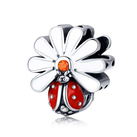 Ladybird Ladybug Flower Sterling Silver CZ Bead Charm Pendant Bracelet Necklace