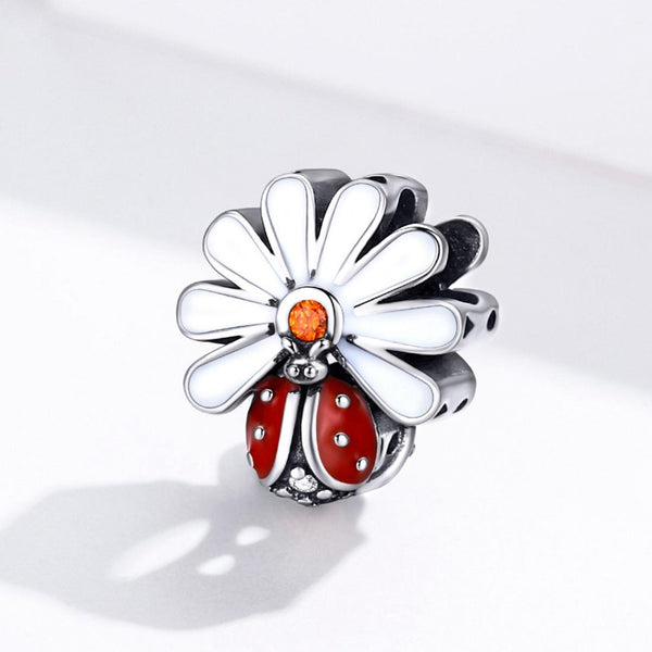 Ladybird Ladybug Flower Sterling Silver CZ Bead Charm Pendant Bracelet Necklace