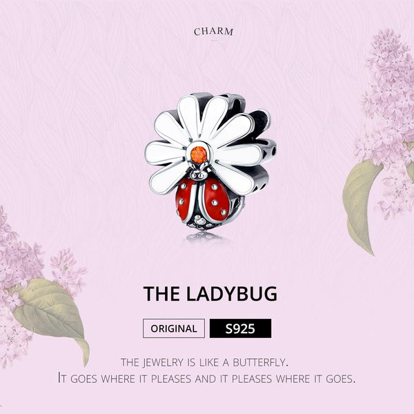 Ladybird Ladybug Flower Sterling Silver CZ Bead Charm Pendant Bracelet Necklace